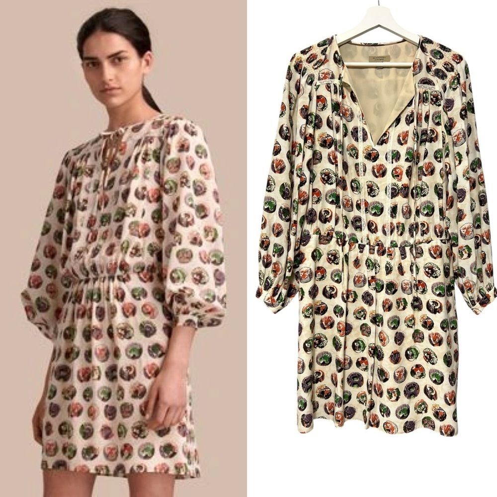 BURBERRY Pallas Heads Prints Silk Dress with Neck Tie in Natural White